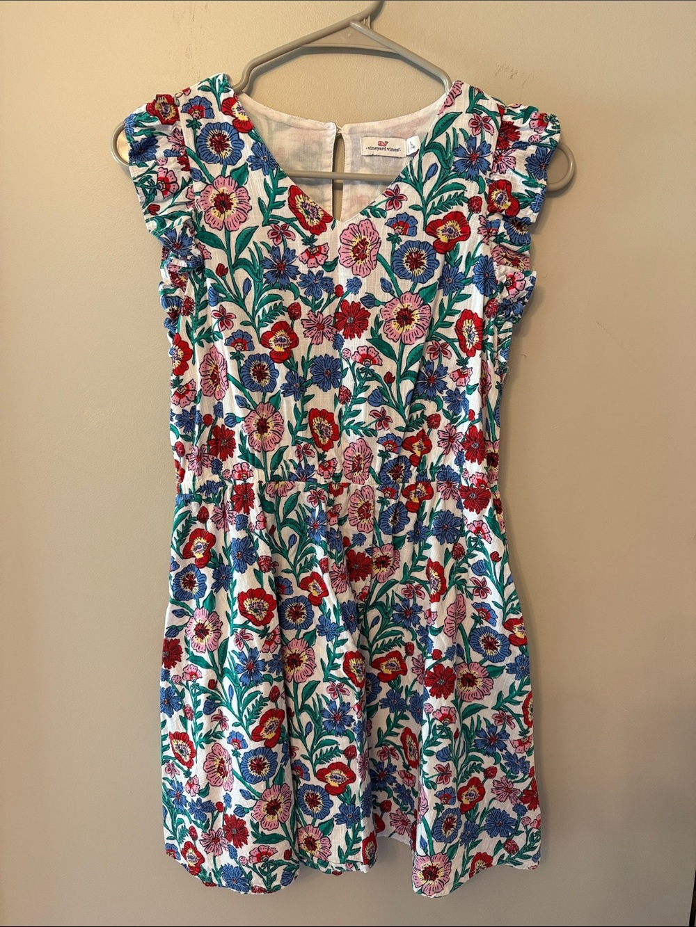 Vineyard Vines White Floral Dress with Red, Blue & Pink Blooms